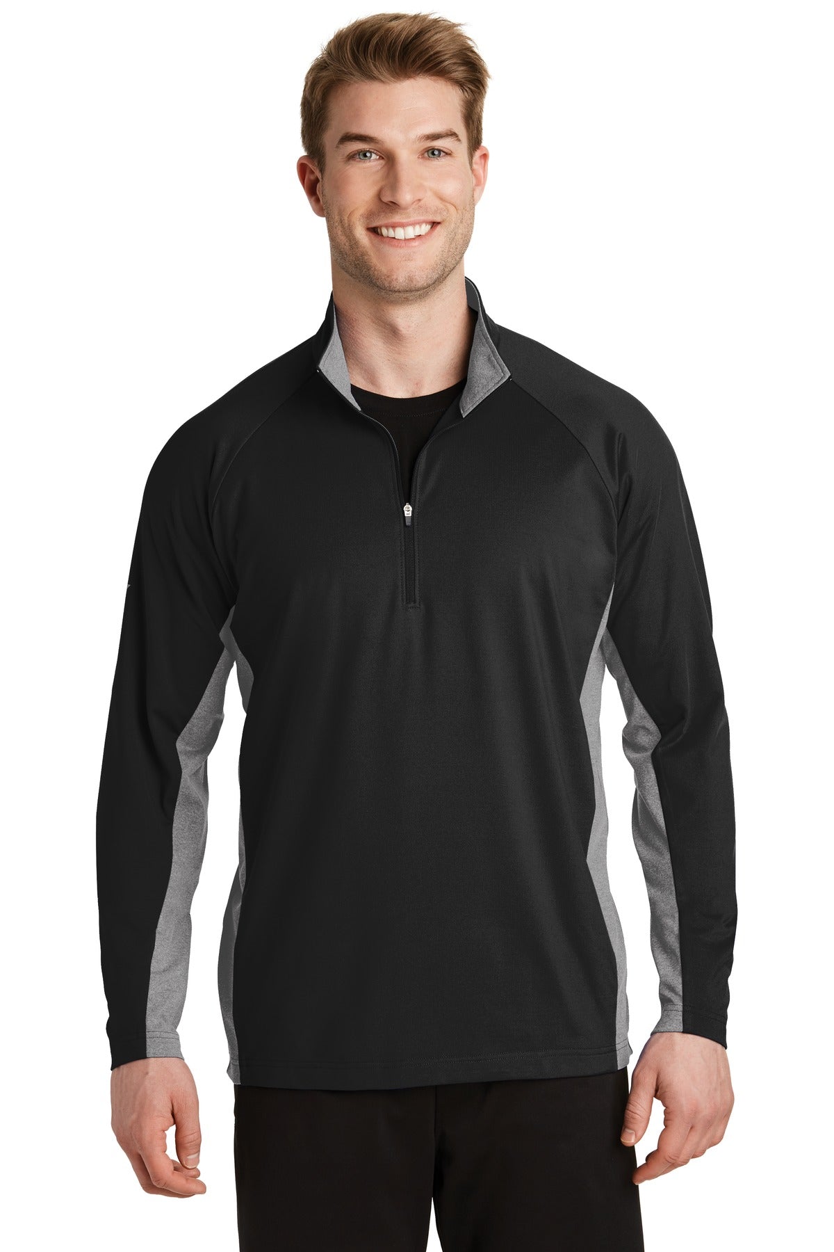 Front View of Black/Ch Gy He Sport-Tek Sport-Wick Stretch Contrast 1/4-Zip Pullover. ST854  - XS