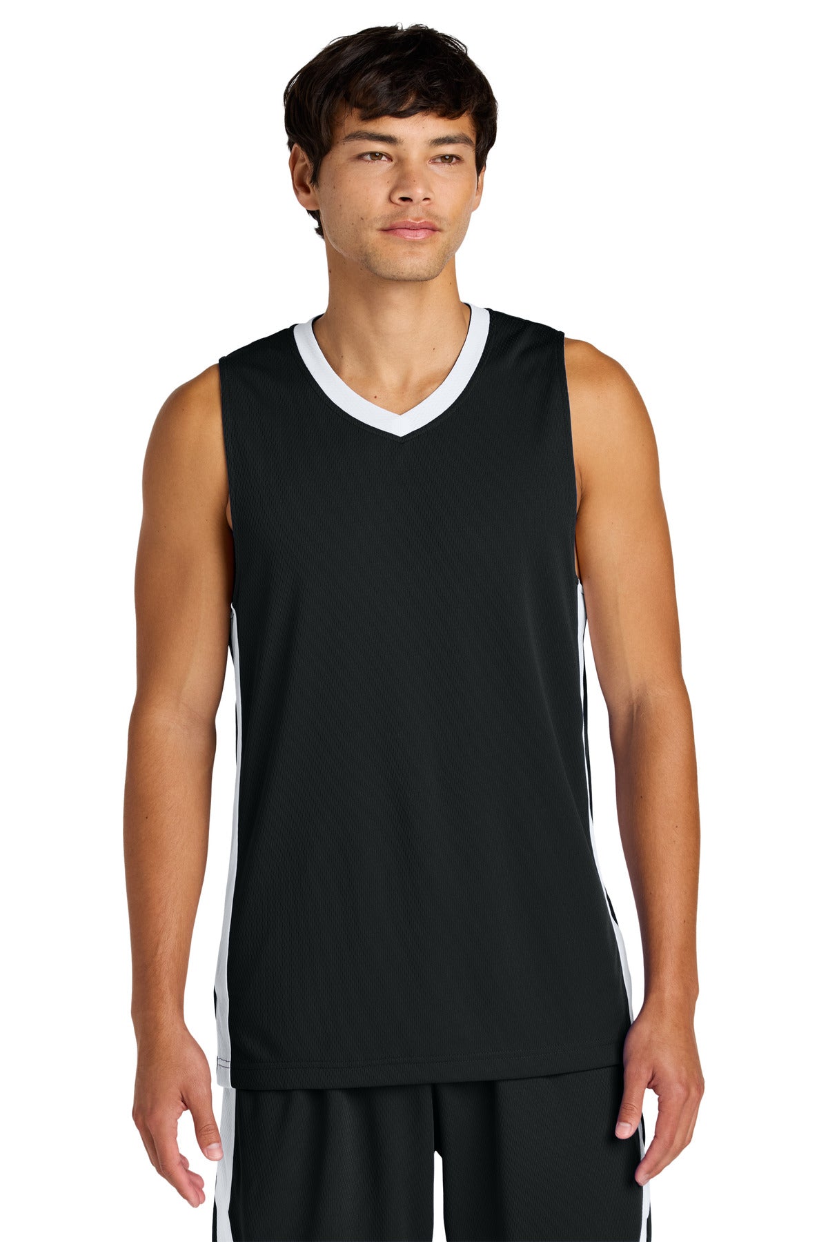 Front View of Blk/White Sport-Tek Rival Basketball Rev Jersey ST900  - XS