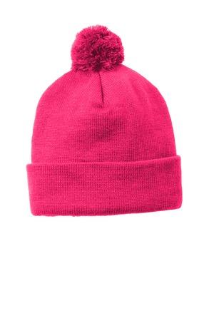 Black Sport-Tek Solid Pom Pom Beanie. STC37