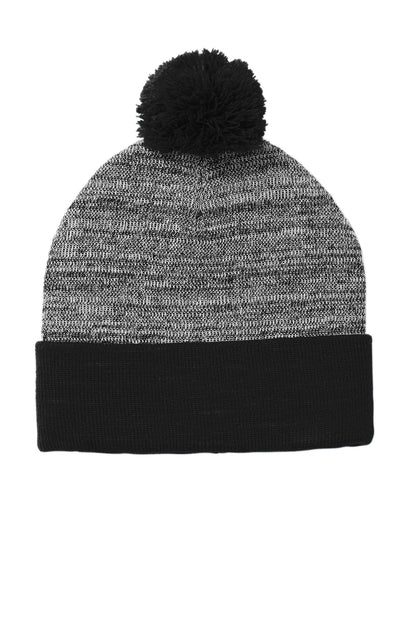 Front View of Black/Grey Hth Sport-Tek Heather Pom Pom Beanie STC41