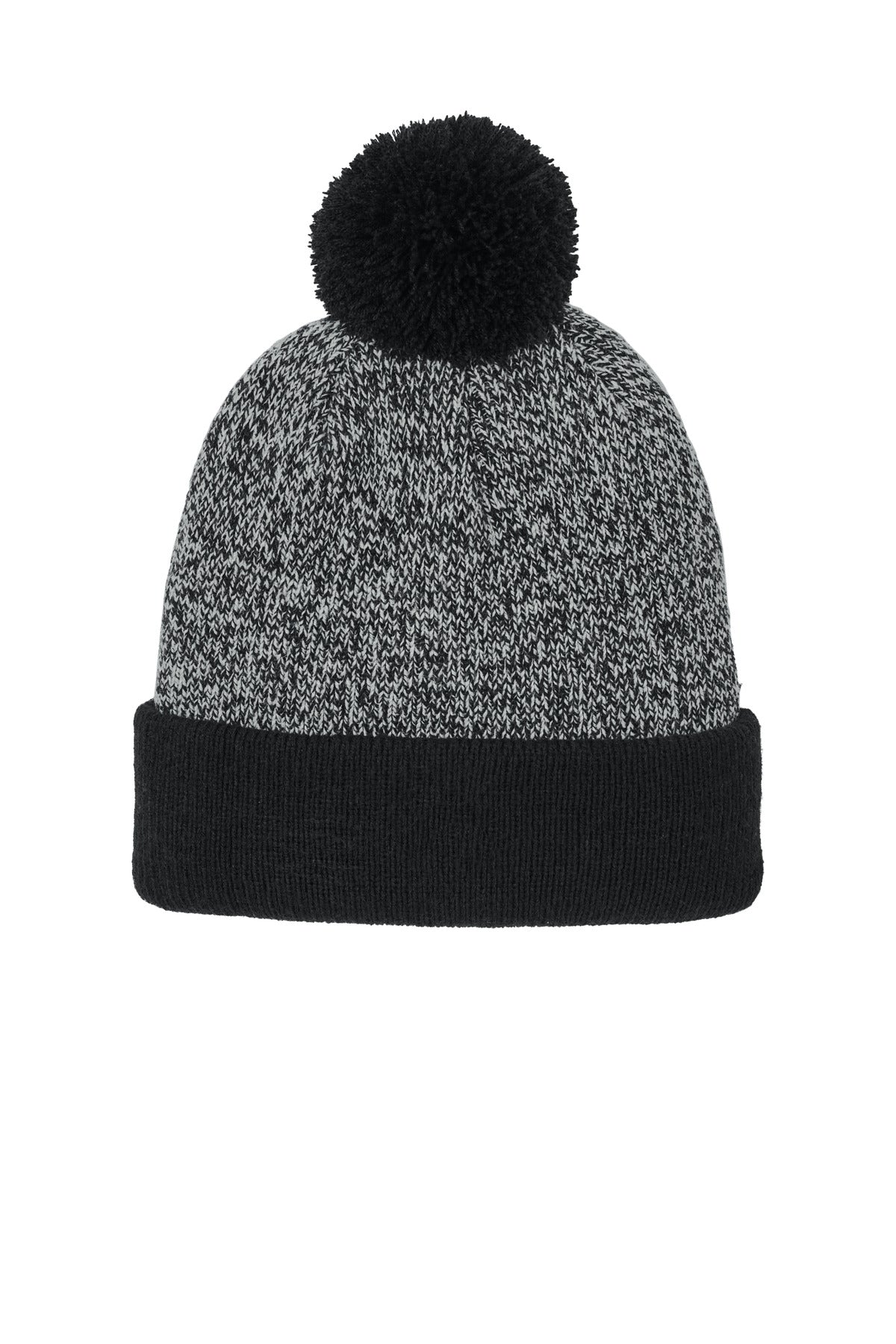 Front View of Blk/Silver Sport-Tek Halftime Heather Pom Beanie STC68