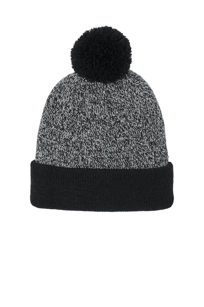 Front View of Blk/Silver Sport-Tek Halftime Heather Pom Beanie STC68