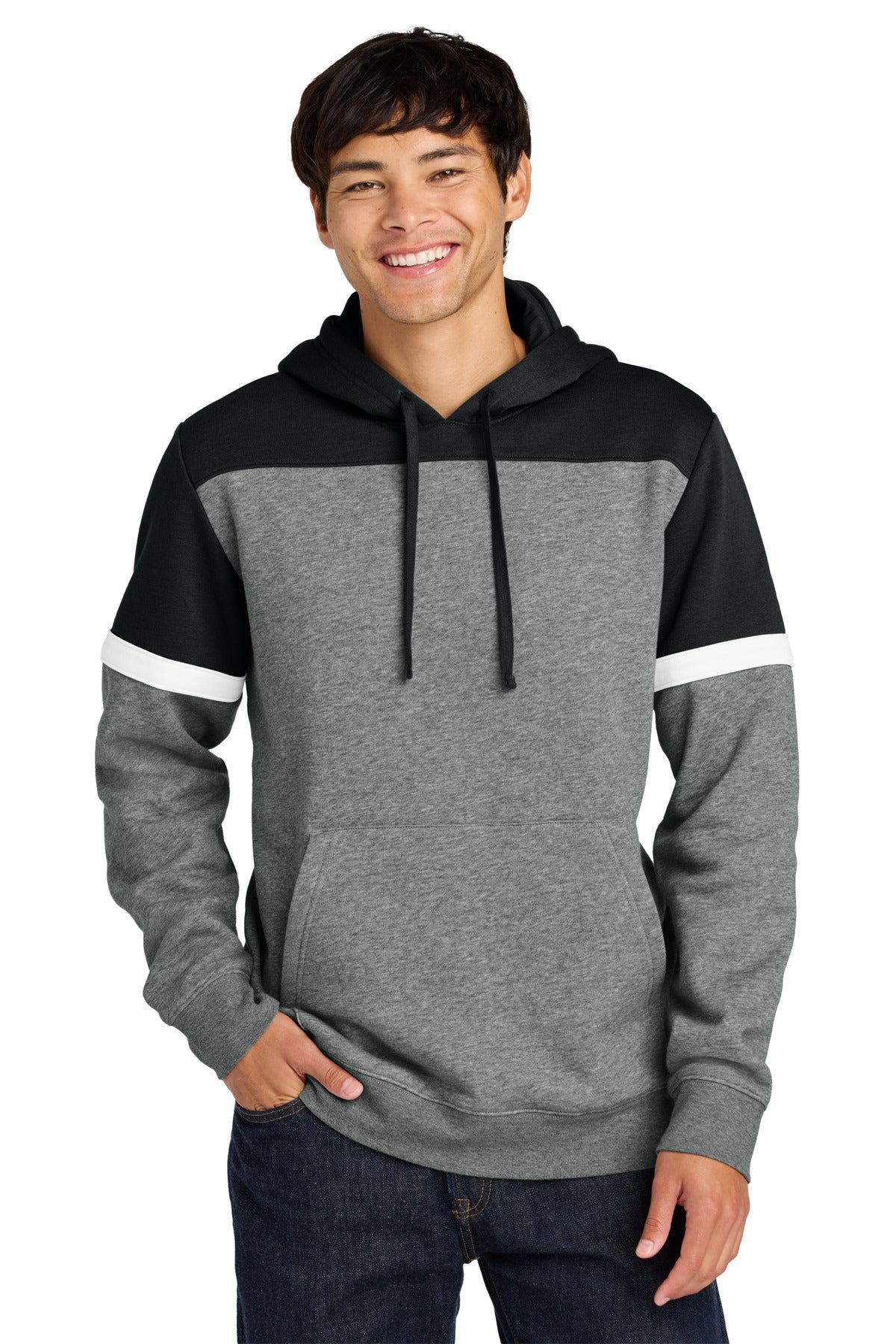 Front View of Blk/VtgHtr Sport-Tek Drive Fleece Colorblock Hoodie STF205  - XS