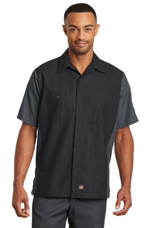 Front View of Black/Charcoal Red Kap Short Sleeve Ripstop Crew Shirt. SY20  - S