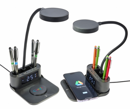 All Purpose 15W Wireless Charger, Desk Lamp, Pen Holder, and Dual Alarm Clock
