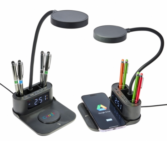 All Purpose 15W Wireless Charger, Desk Lamp, Pen Holder, and Dual Alarm Clock