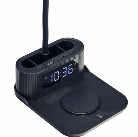 All Purpose 15W Wireless Charger, Desk Lamp, Pen Holder, and Dual Alarm Clock