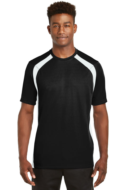Front View of Black/White Sport-Tek Dry Zone Colorblock Crew. T478  - XS