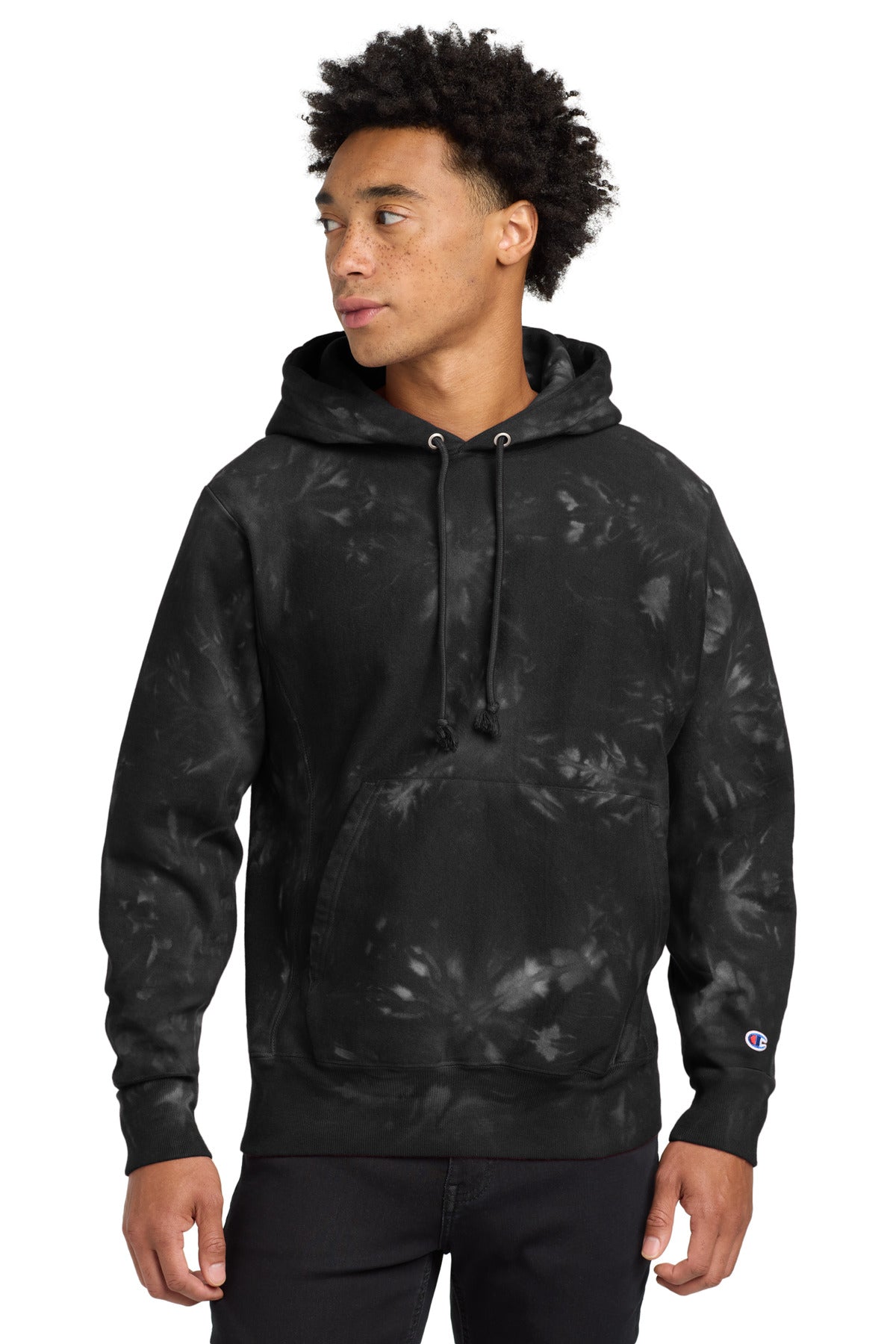 Front View of Black Champion Reverse Weave Scrunch-Dye Tie-Dye Hooded Sweatshirt. TDS101  - S