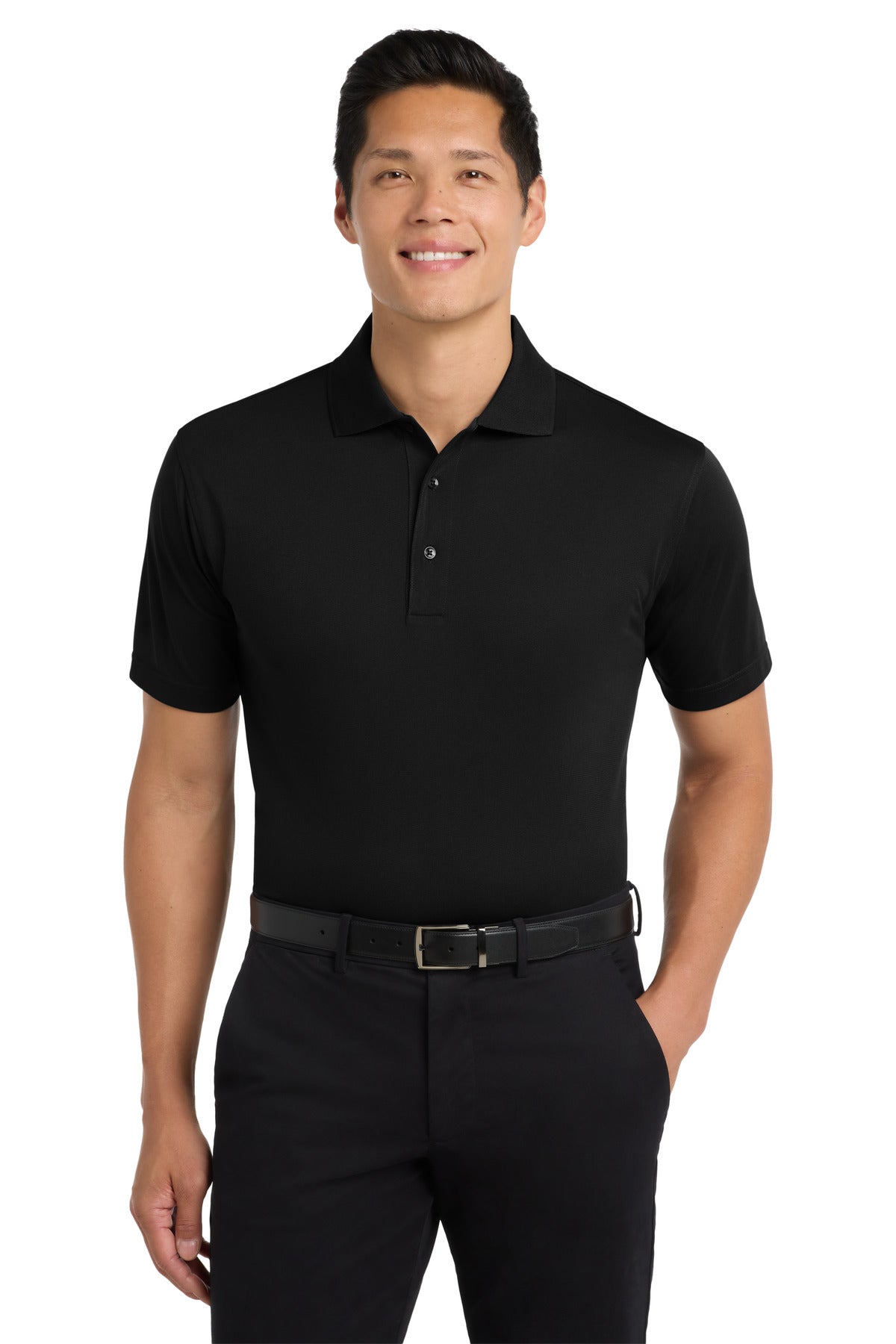 Front View of Black Port Authority Tall Tech Pique Polo. TLK527  - 2XLT