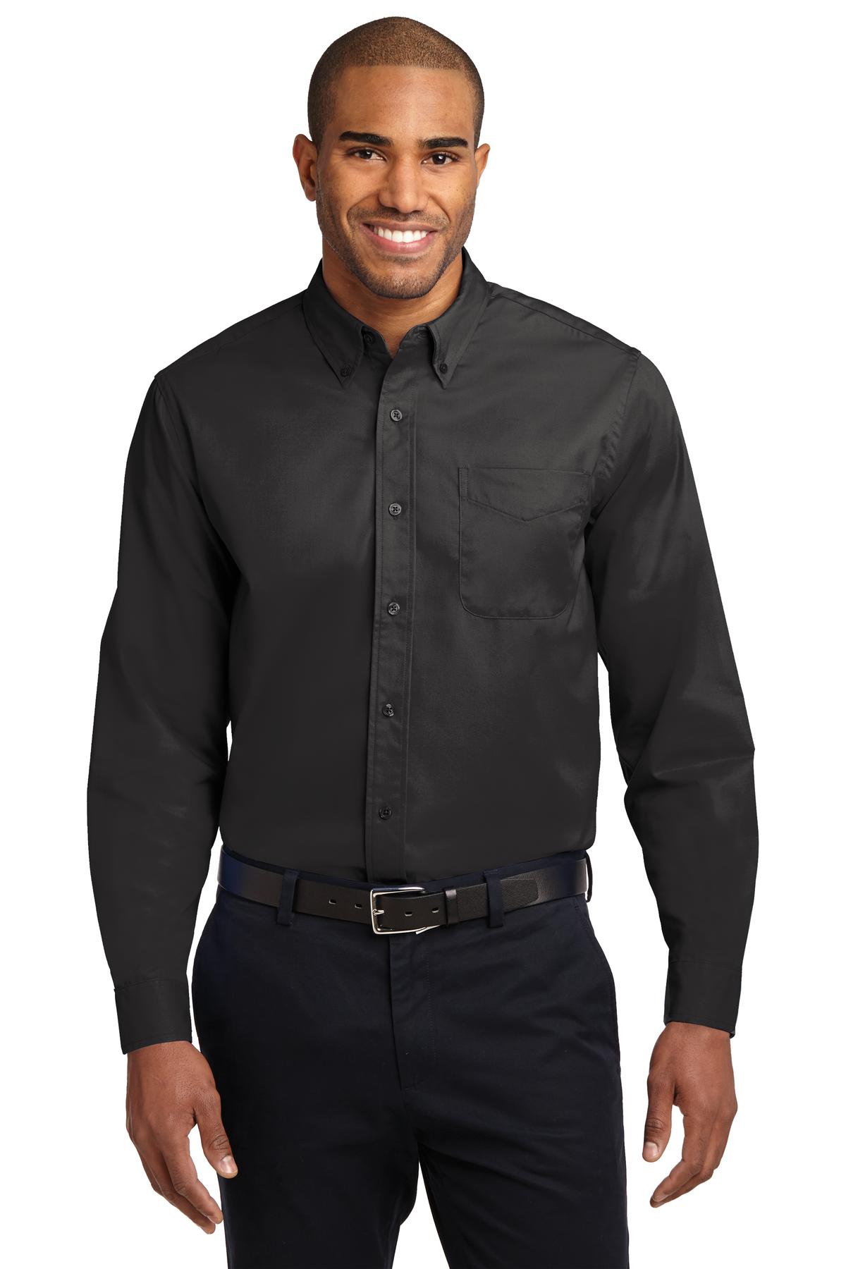 Front View of Black/LtStone Port Authority Tall Long Sleeve Easy Care Shirt. TLS608  - 3XLT