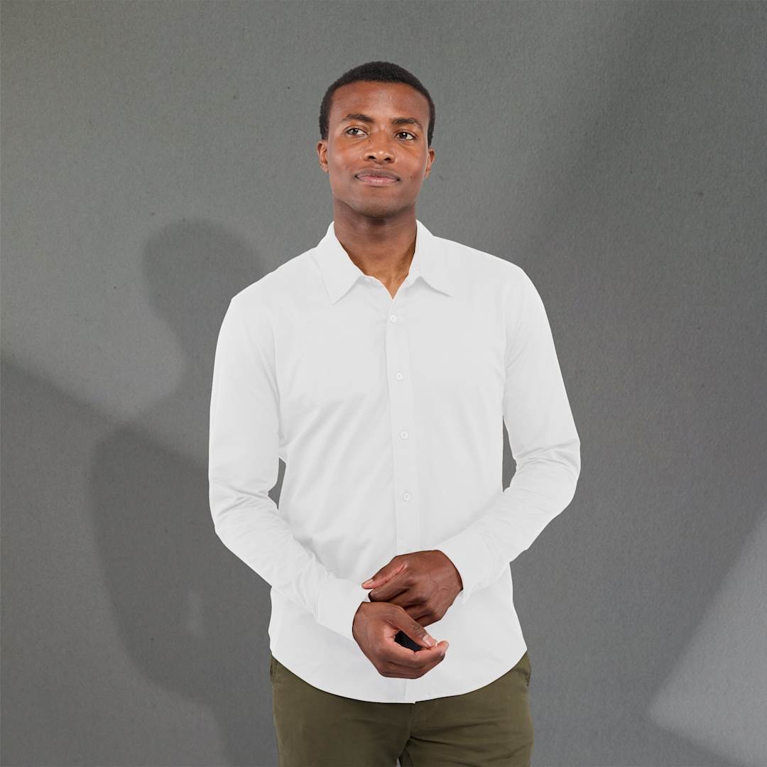 Front View of White TATRA Eco Long Sleeve Knit Shirt - Men's  - S
