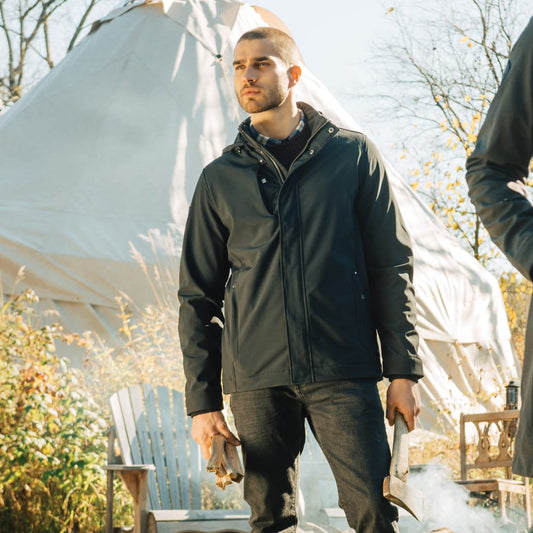 Front View of Black Men's Elkpoint Roots73 Softshell  - S