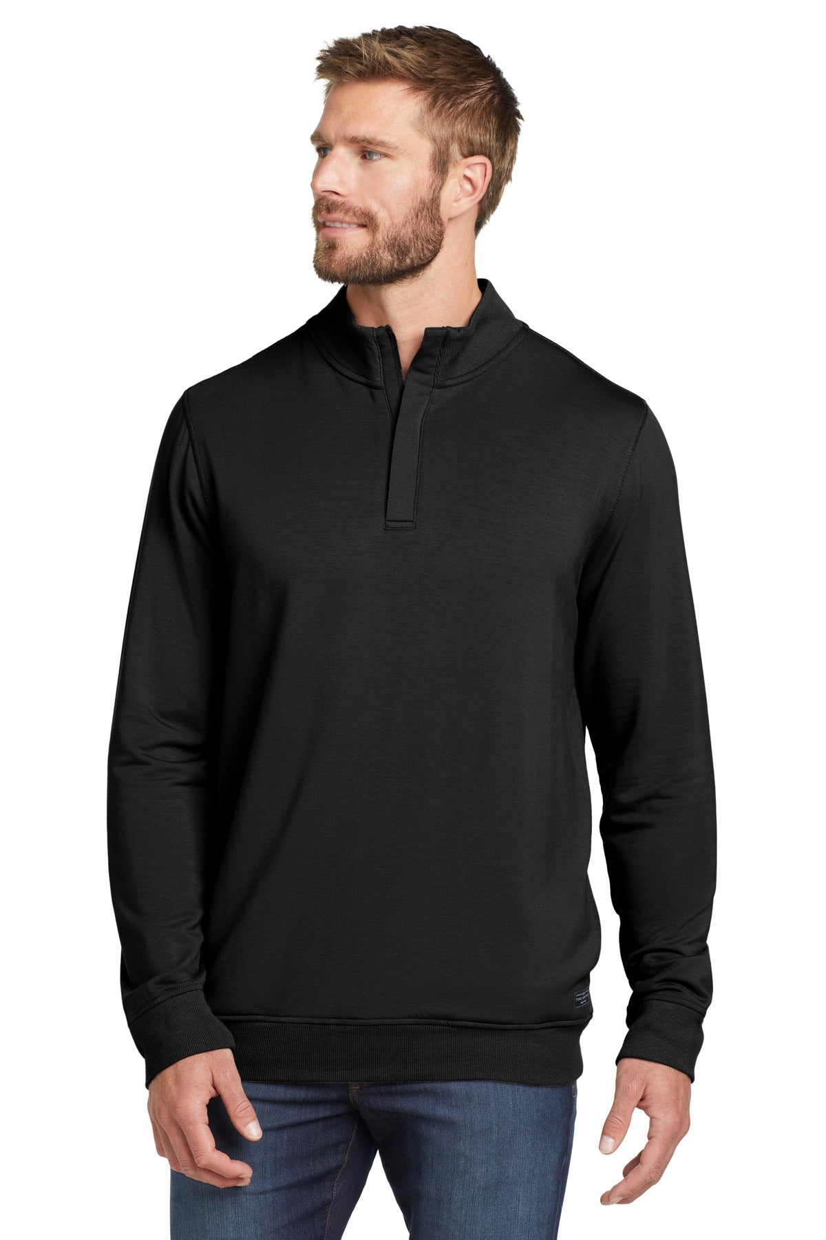 Front View of Black TravisMathew Newport 1/4-Zip Fleece. TM1MU419  - S