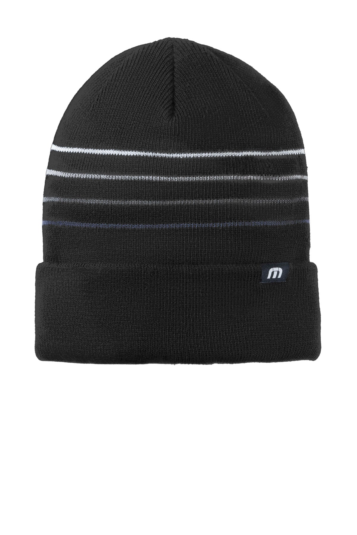 Front View of Black TravisMathew Striped Cuffed Beanie TM1MY393