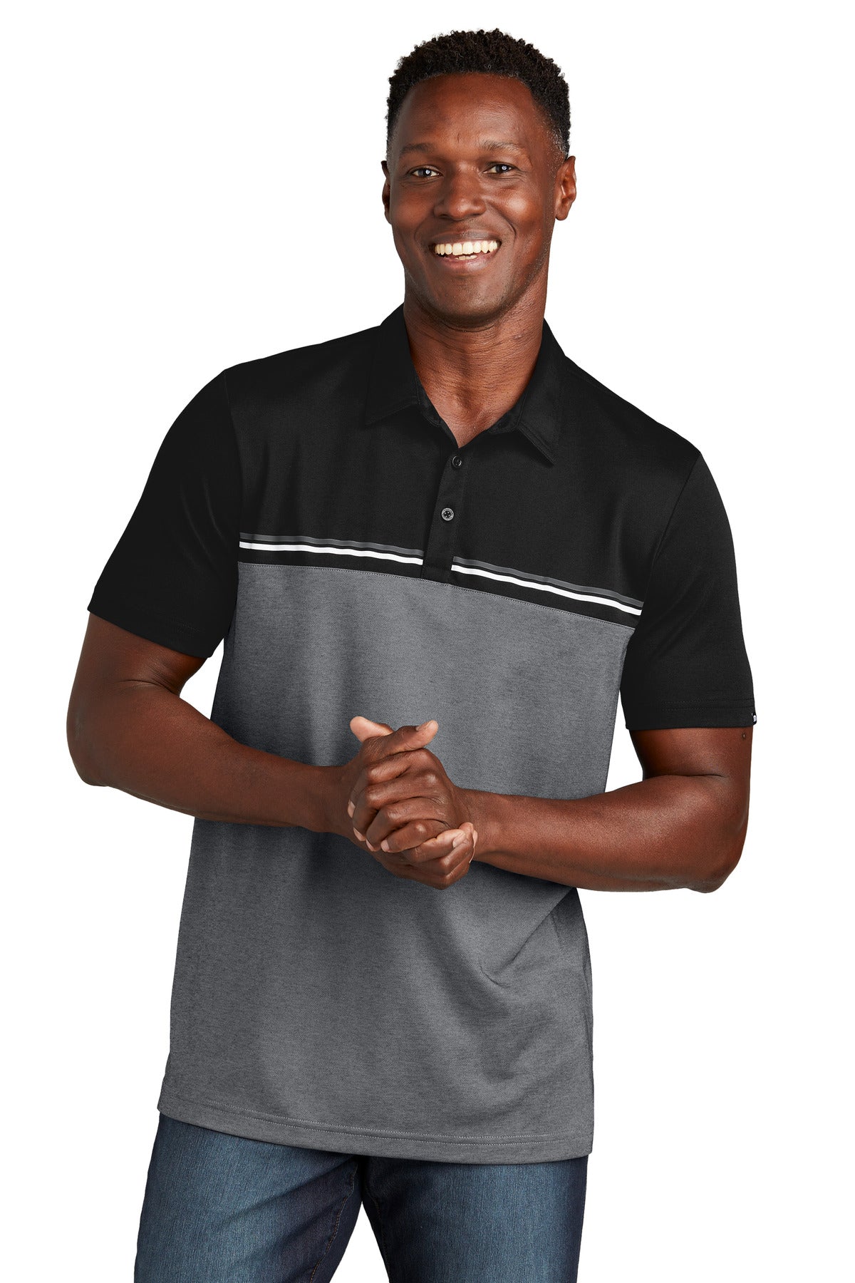 Front View of Blk/DkGyHt TravisMathew Sunset Blocked Polo TM1MY401  - S