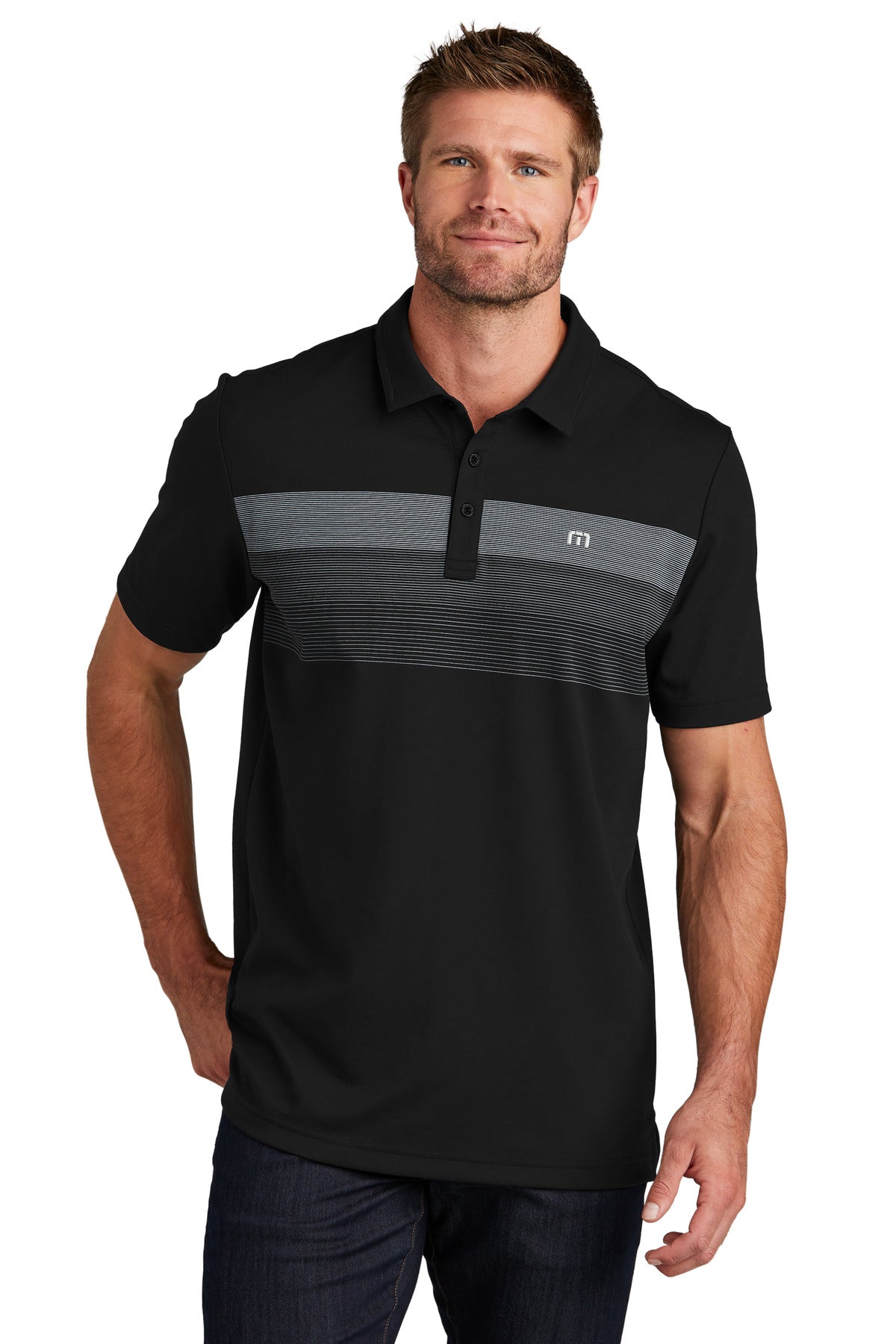Front View of Black TravisMathew Coastal Chest Stripe Polo TM1MY402  - S