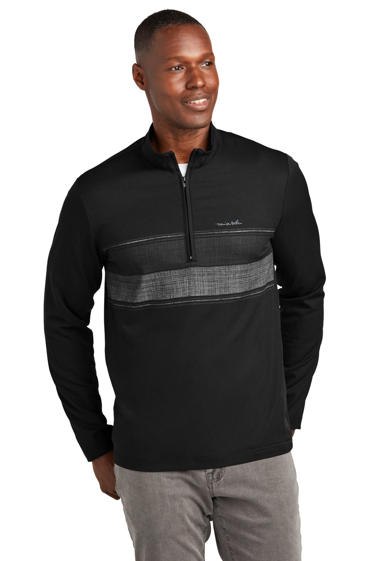 Front View of Black TravisMathew Balboa Chest Stripe 1/4-Zip TM1MZ340  - S