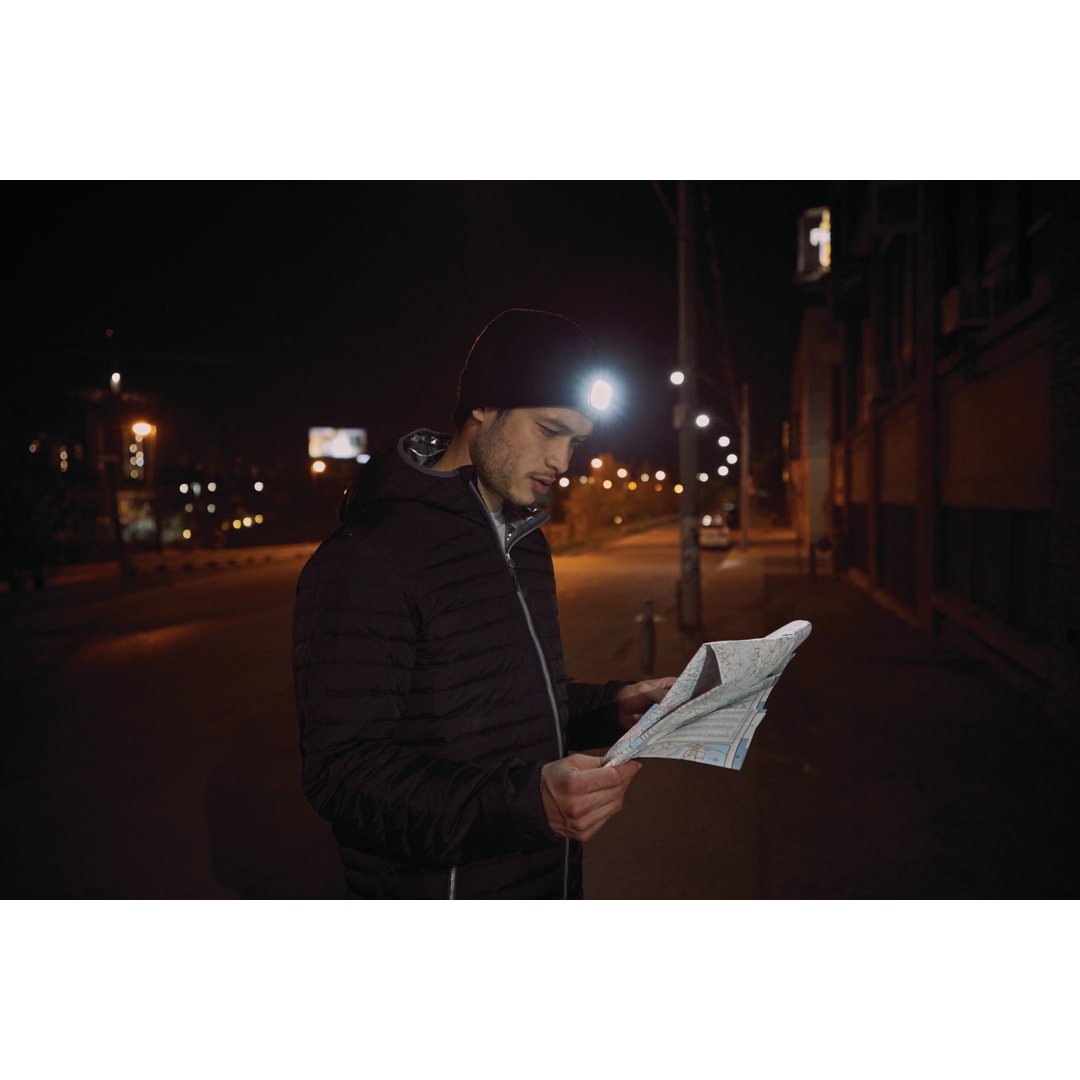 Front View of Black Unisex MIGHTY LED Knit Toque