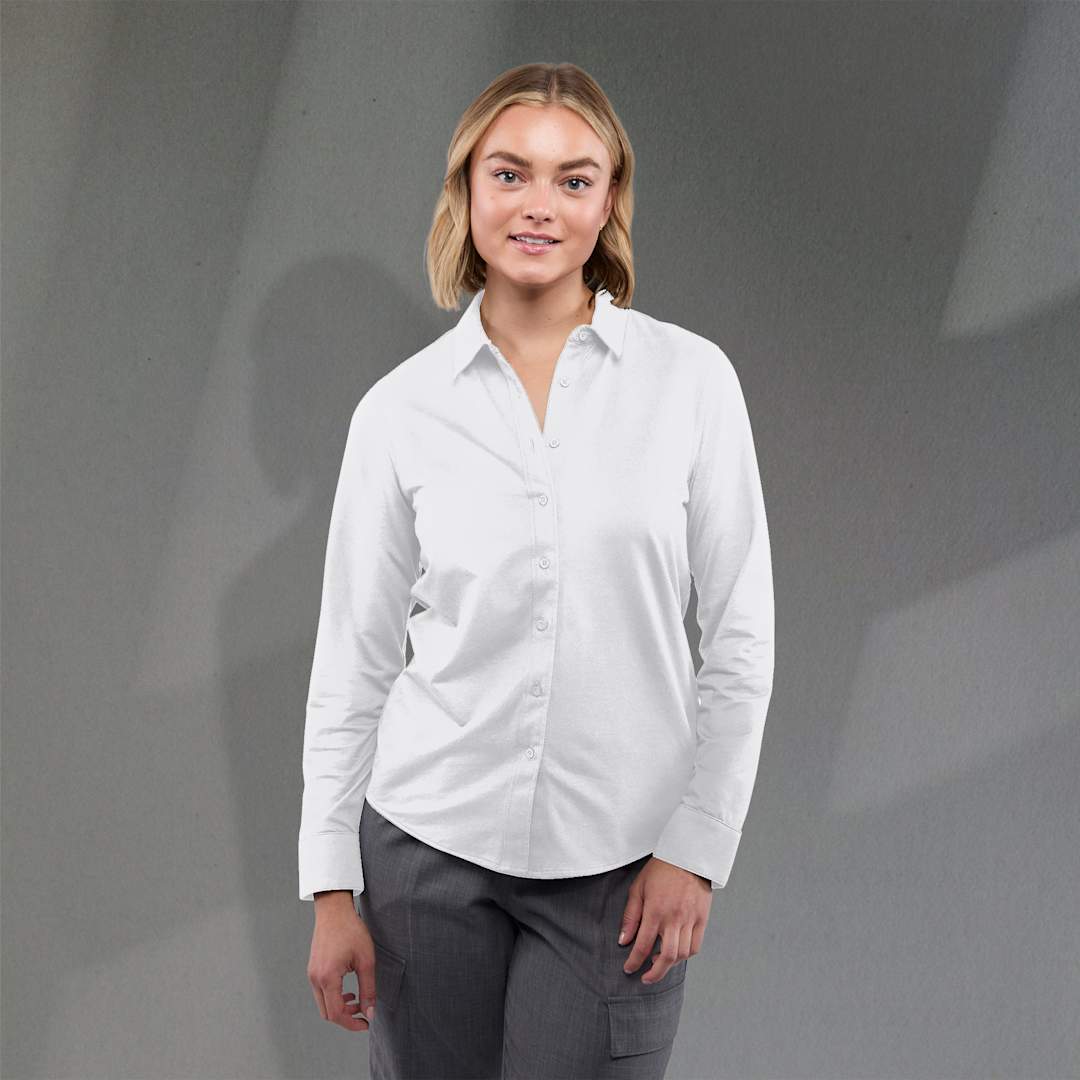 Front View of White TATRA Eco Long Sleeve Knit Button Up Shirt-Women's  - XS