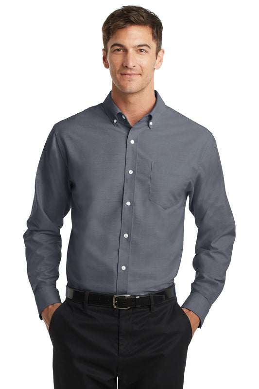 Front View of Black Port Authority Tall SuperPro Oxford Shirt. TS658  - LT