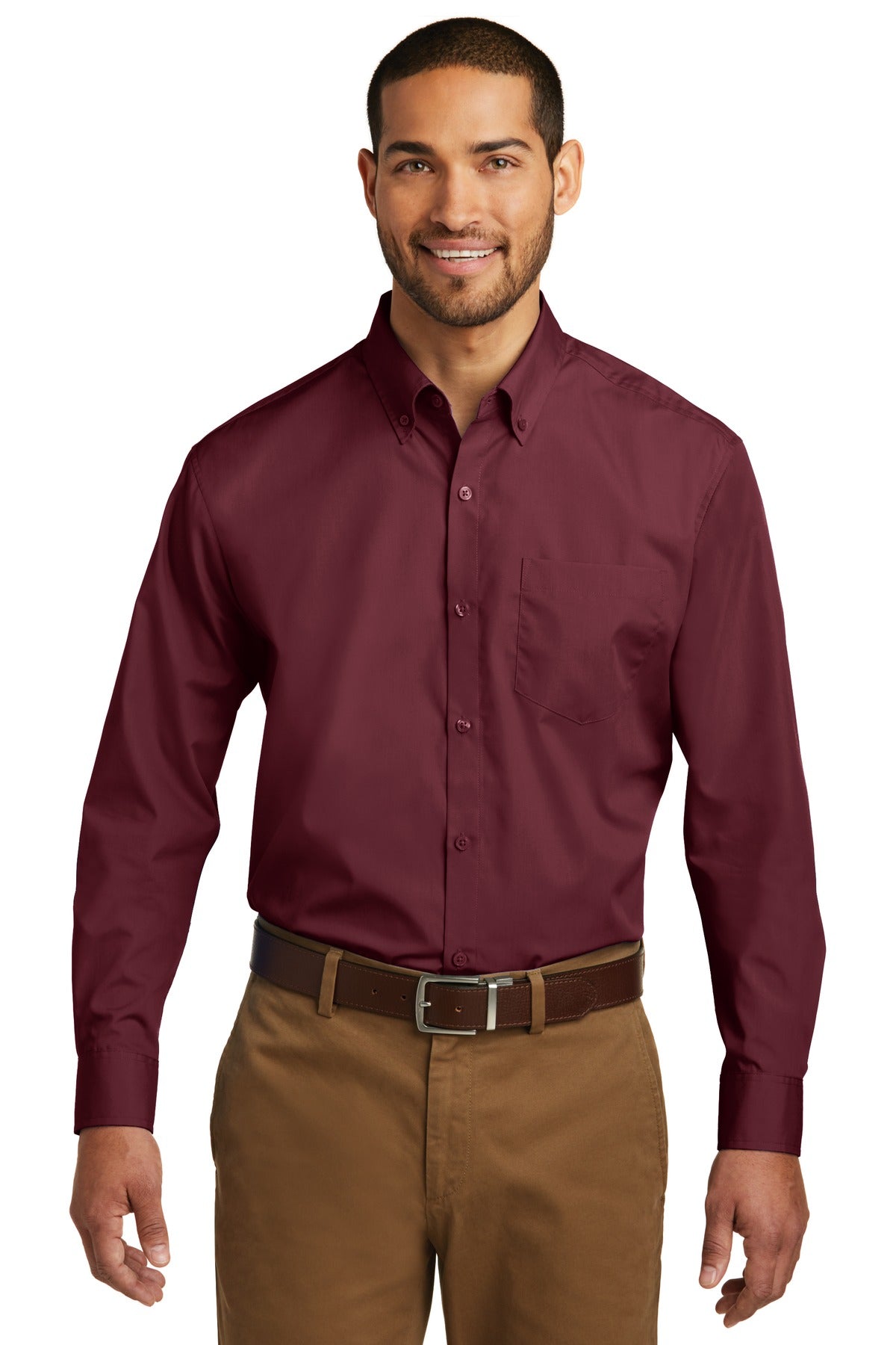 Front View of Burgundy Port Authority Long Sleeve Carefree Poplin Shirt. W100  - XS