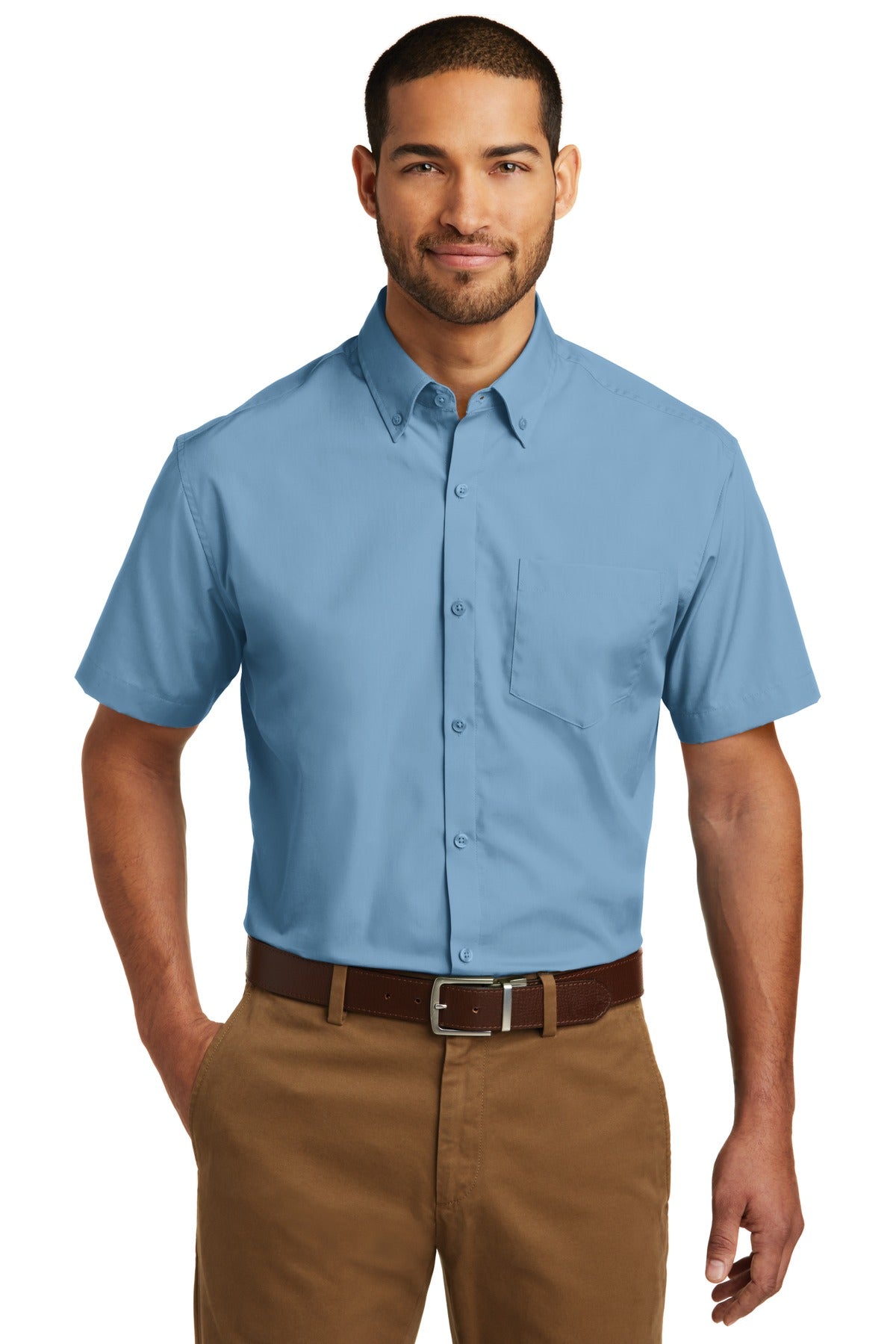 Front View of Carolina Blue Port Authority Short Sleeve Carefree Poplin Shirt. W101  - XS