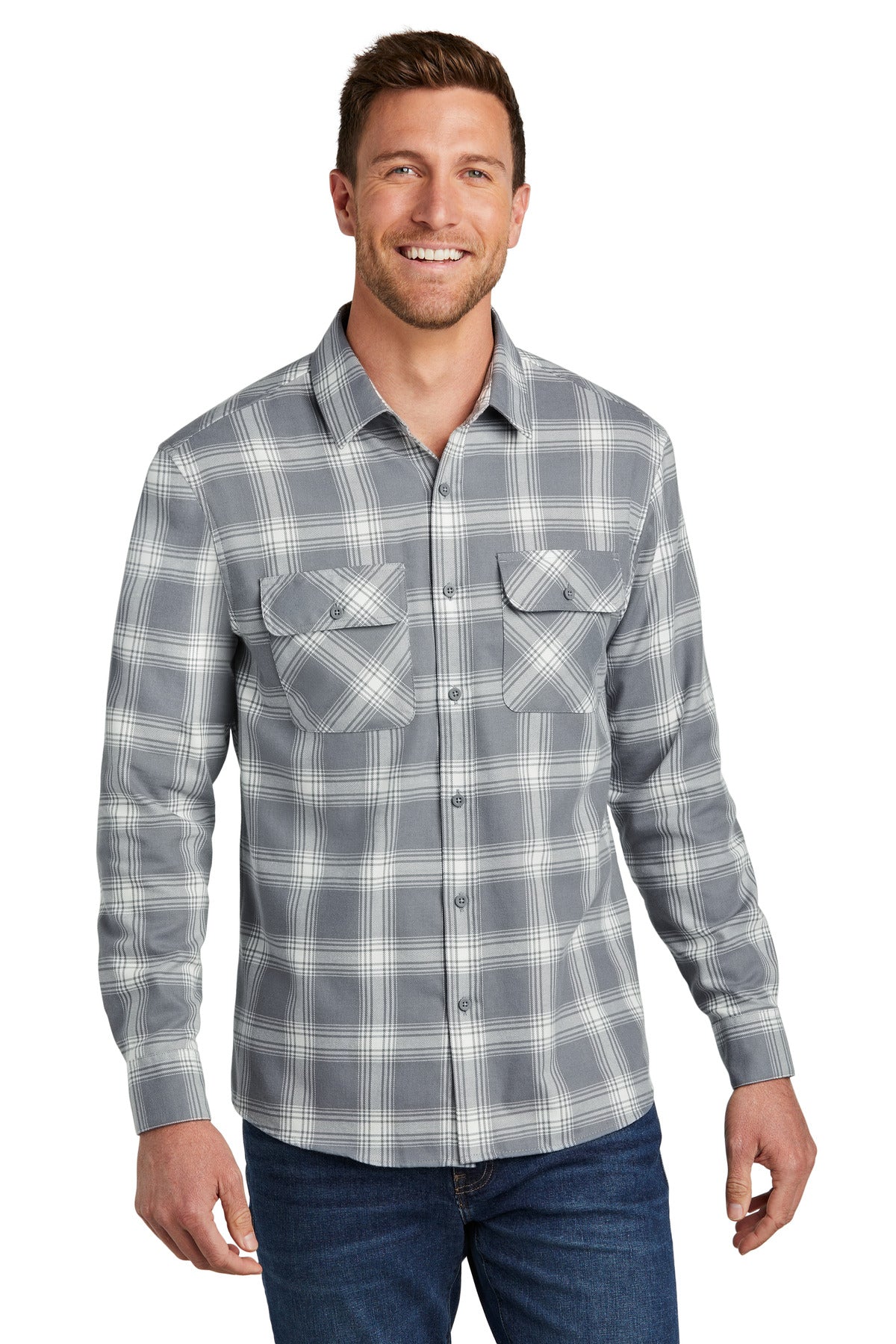SanMar W668_grey_creamopenplaid_model_front.jpg