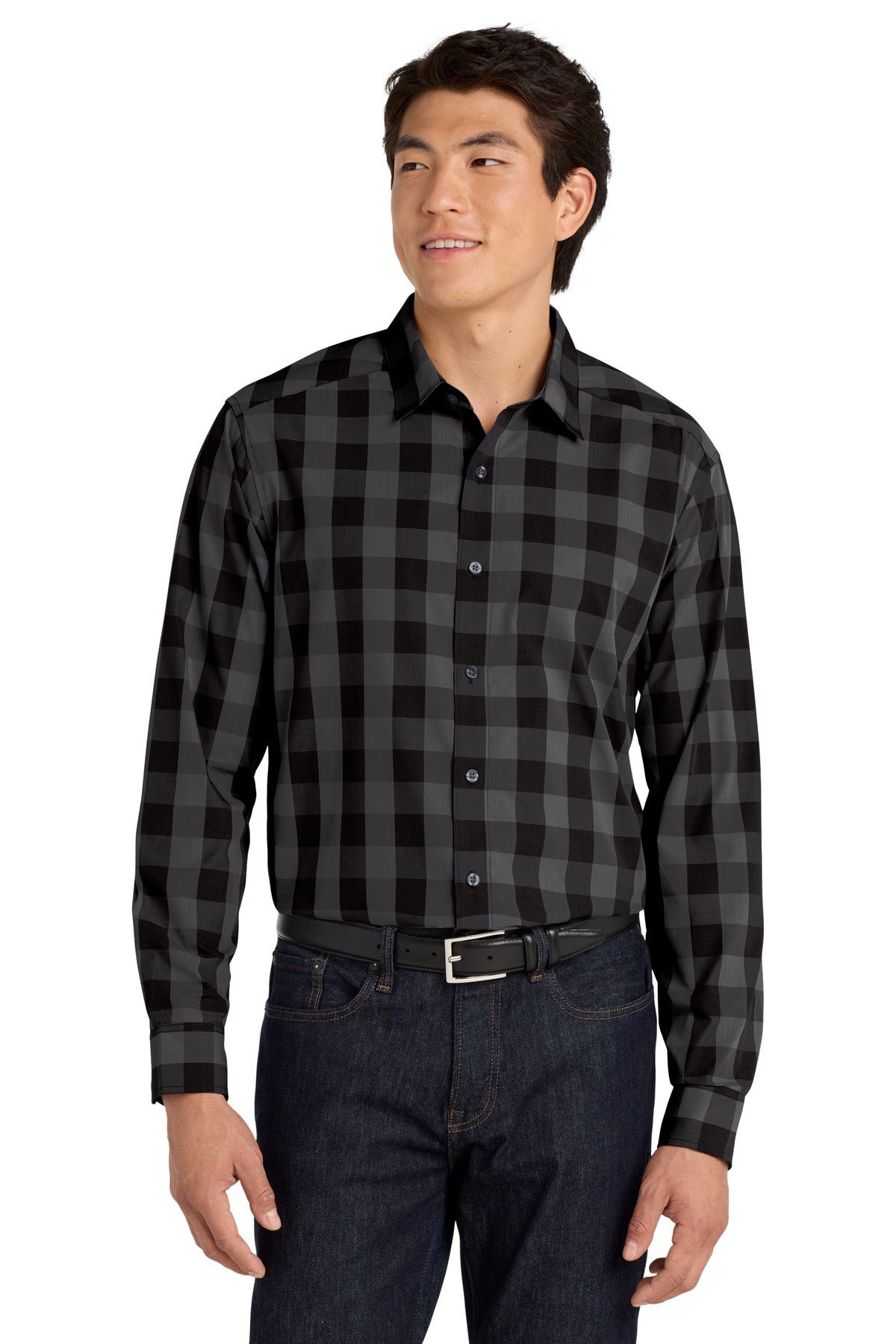 Front View of Black Port Authority Everyday Plaid Shirt. W670  - XS