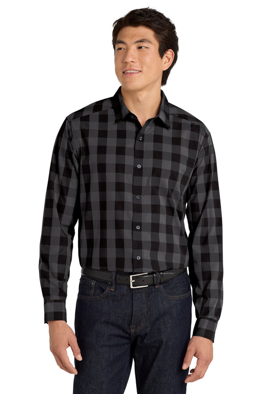 Front View of Black Port Authority Everyday Plaid Shirt. W670  - XS