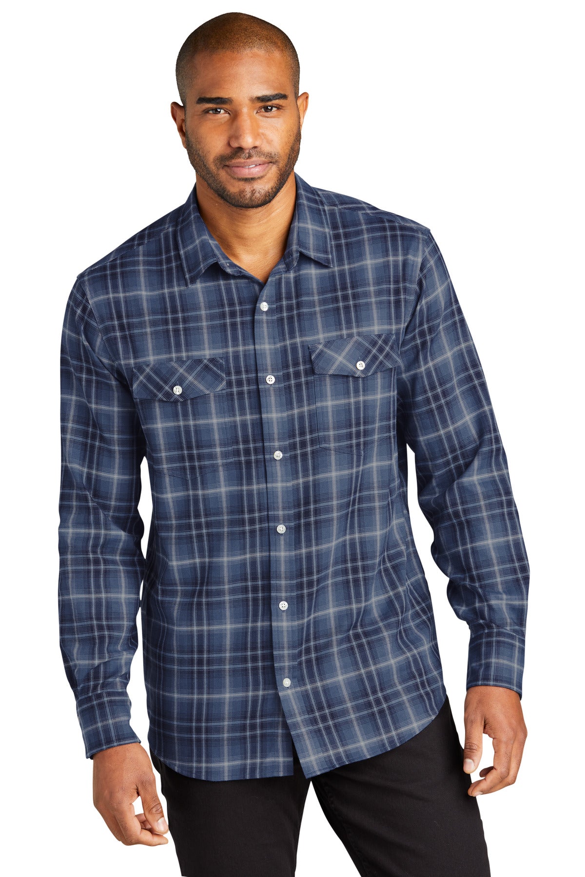 Front View of TrueNavy Port Authority Long Sleeve Ombre Plaid Shirt W672  - XS