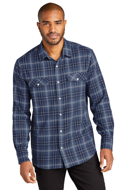 Front View of TrueNavy Port Authority Long Sleeve Ombre Plaid Shirt W672  - XS