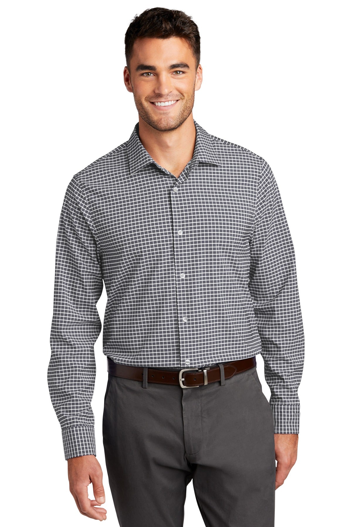 Front View of Graphite/White Port Authority City Stretch Shirt W680  - XS