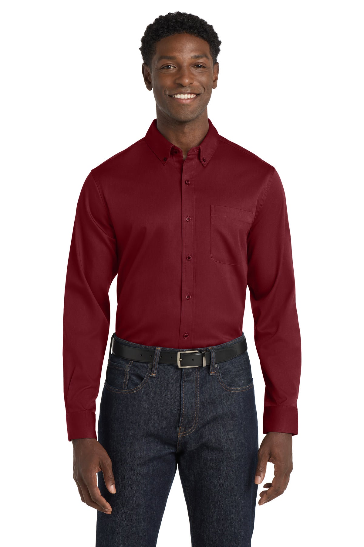 Front View of Burgundy Port Authority Long Sleeve SuperPro React Twill Shirt. W808  - XS