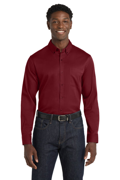 Front View of Burgundy Port Authority Long Sleeve SuperPro React Twill Shirt. W808  - XS