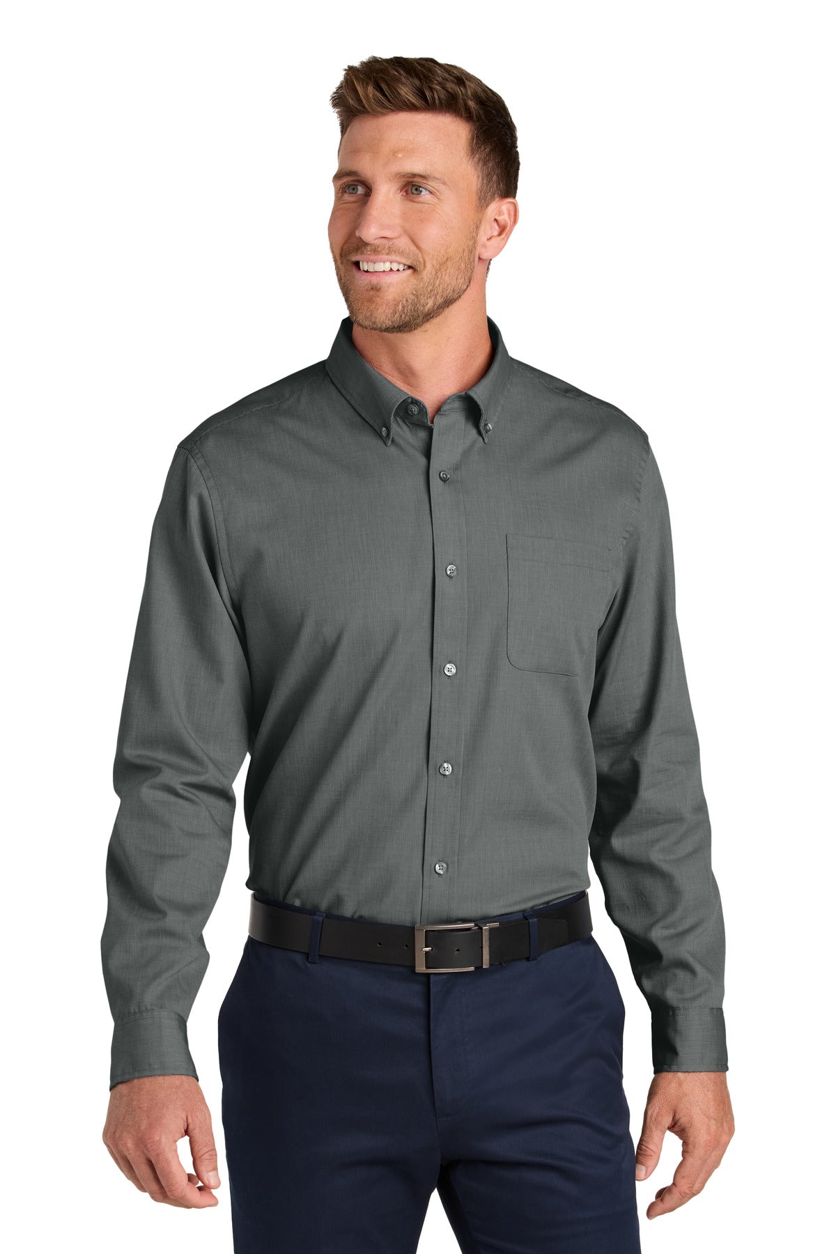 Front View of DeepBlack Port Authority Long Sleeve Nailhead Easy Care Shirt W816  - XS