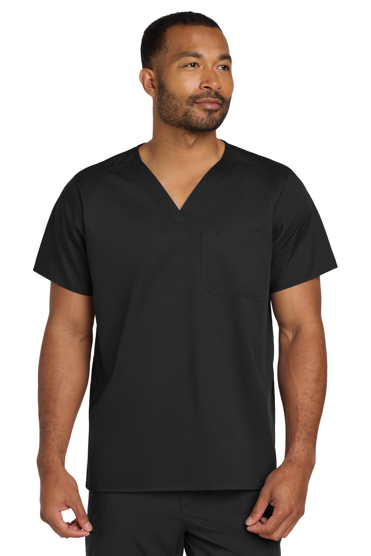 Front View of Black Wink Unisex WorkFlex Chest Pocket V-Neck Top WW3160  - 2XS