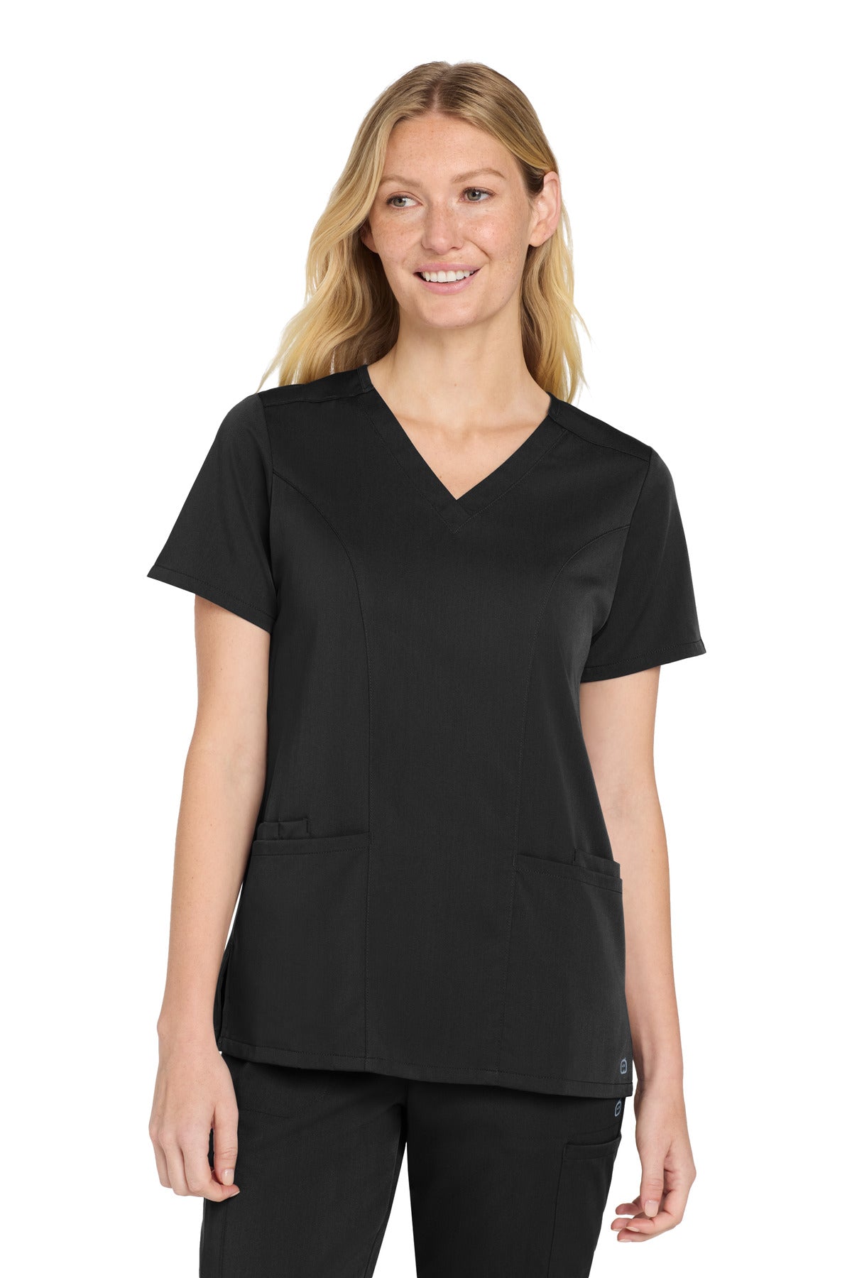 Front View of Black Wink Women's Premiere Flex V-Neck Top WW4168  - 2XS