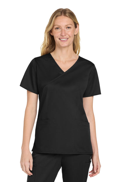 Front View of Black Wink Women's WorkFlex Mock Wrap Top WW4760  - 2XS