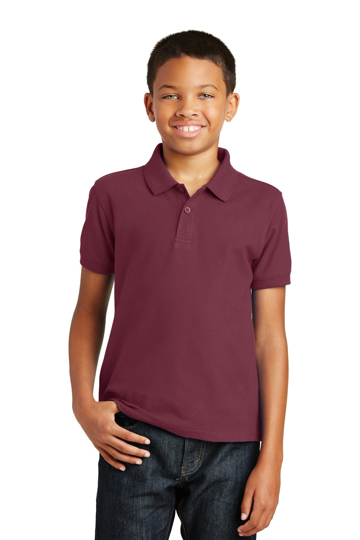 Front View of Burgundy Port Authority Youth Core Classic Pique Polo. Y100  - XS