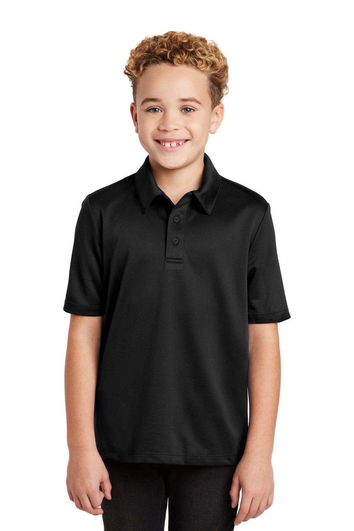 Front View of Black Port Authority Youth Silk Touch Performance Polo. Y540  - XS