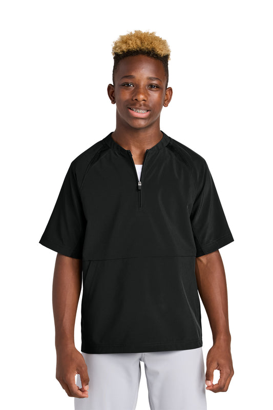Front View of Black Sport-Tek Youth Repeat 1/2-Zip Short Sleeve Jacket YJST489  - XS
