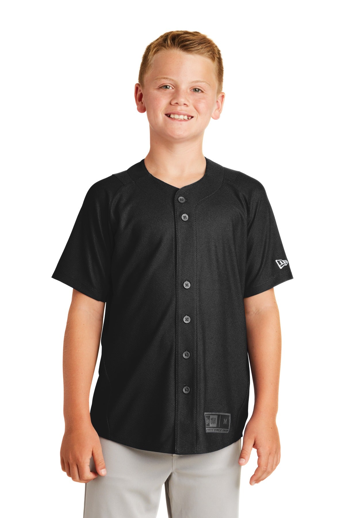 Front View of Black New Era Youth Diamond Era Full-Button Jersey. YNEA220  - XS