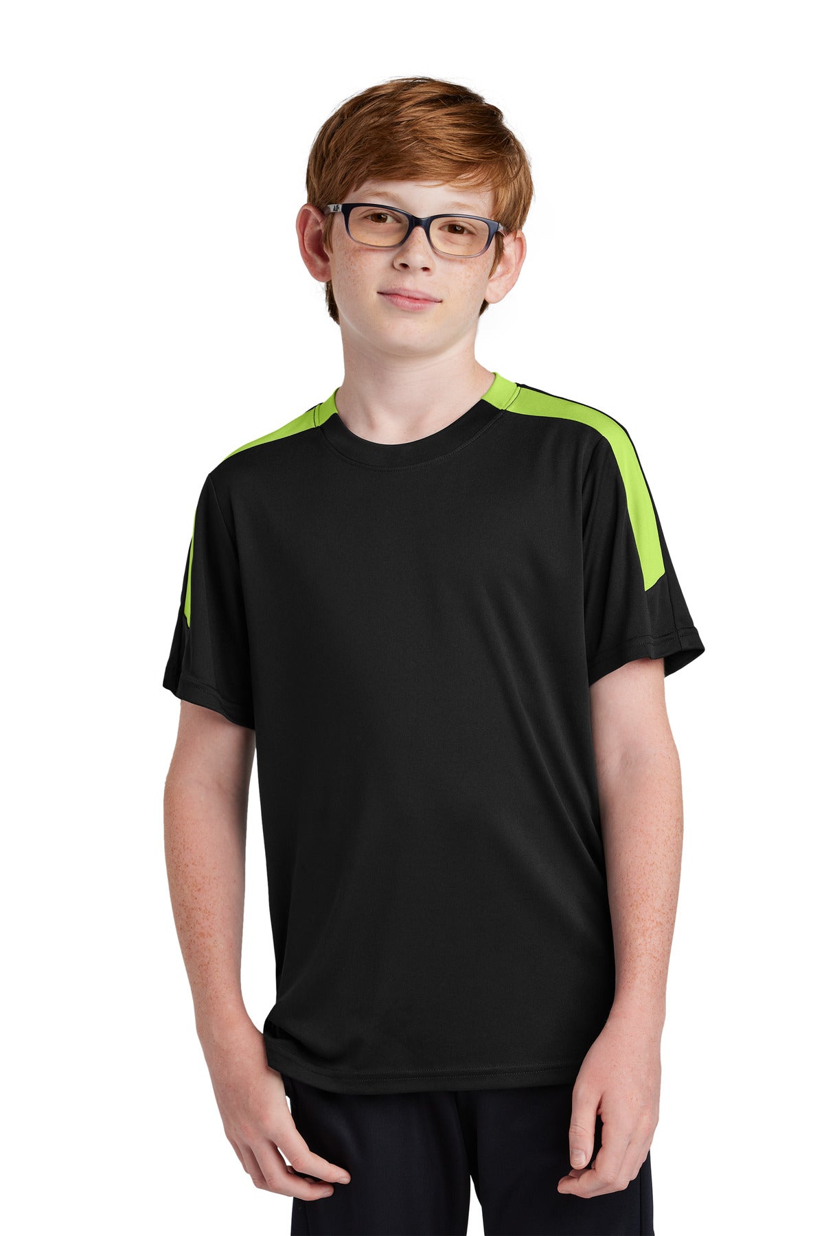 Front View of Blk/LmShk Sport-Tek Youth Competitor United Crew YST100  - XS