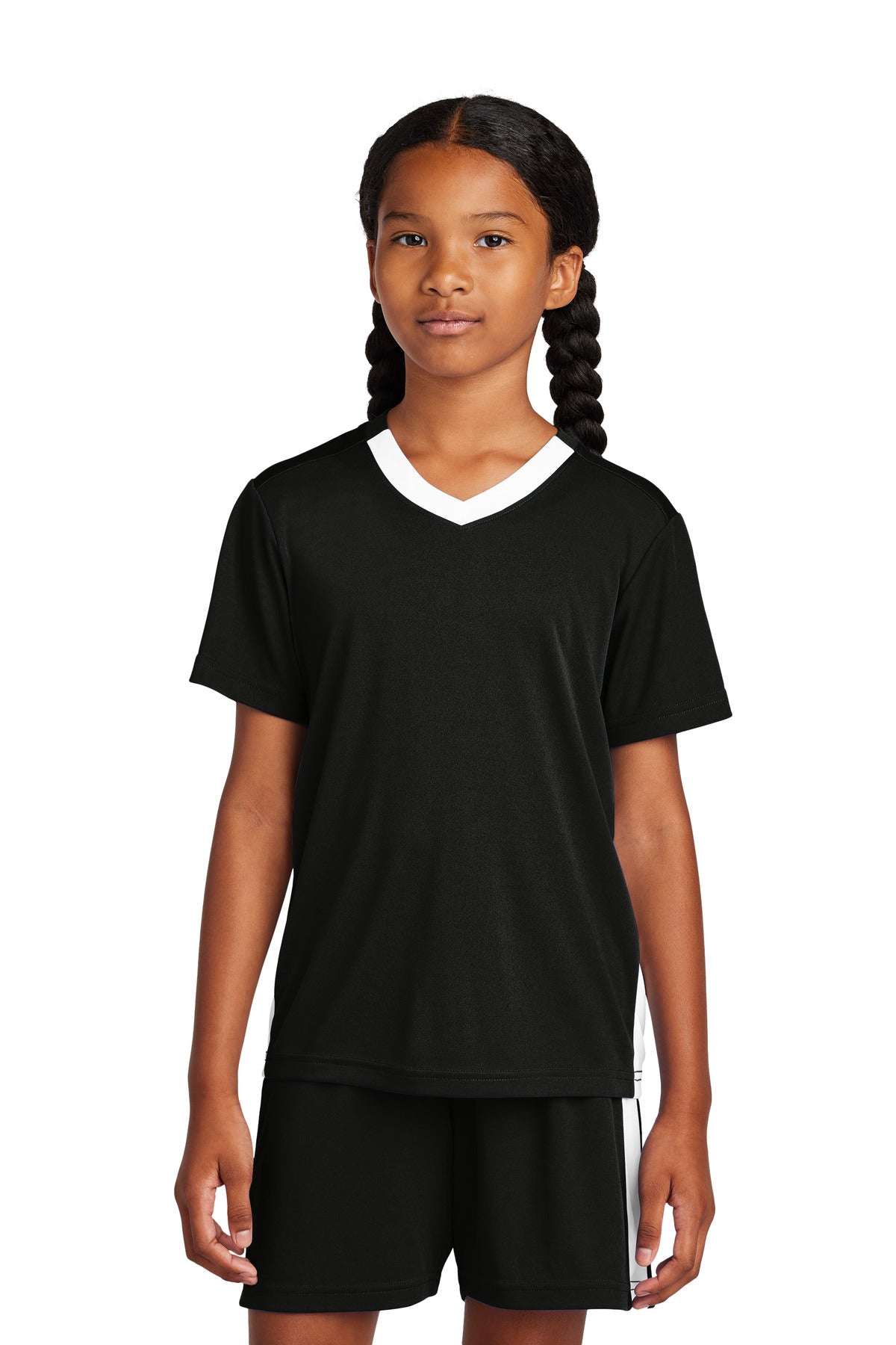 Front View of Blk/White Sport-Tek Youth Competitor United V-Neck YST101  - XS