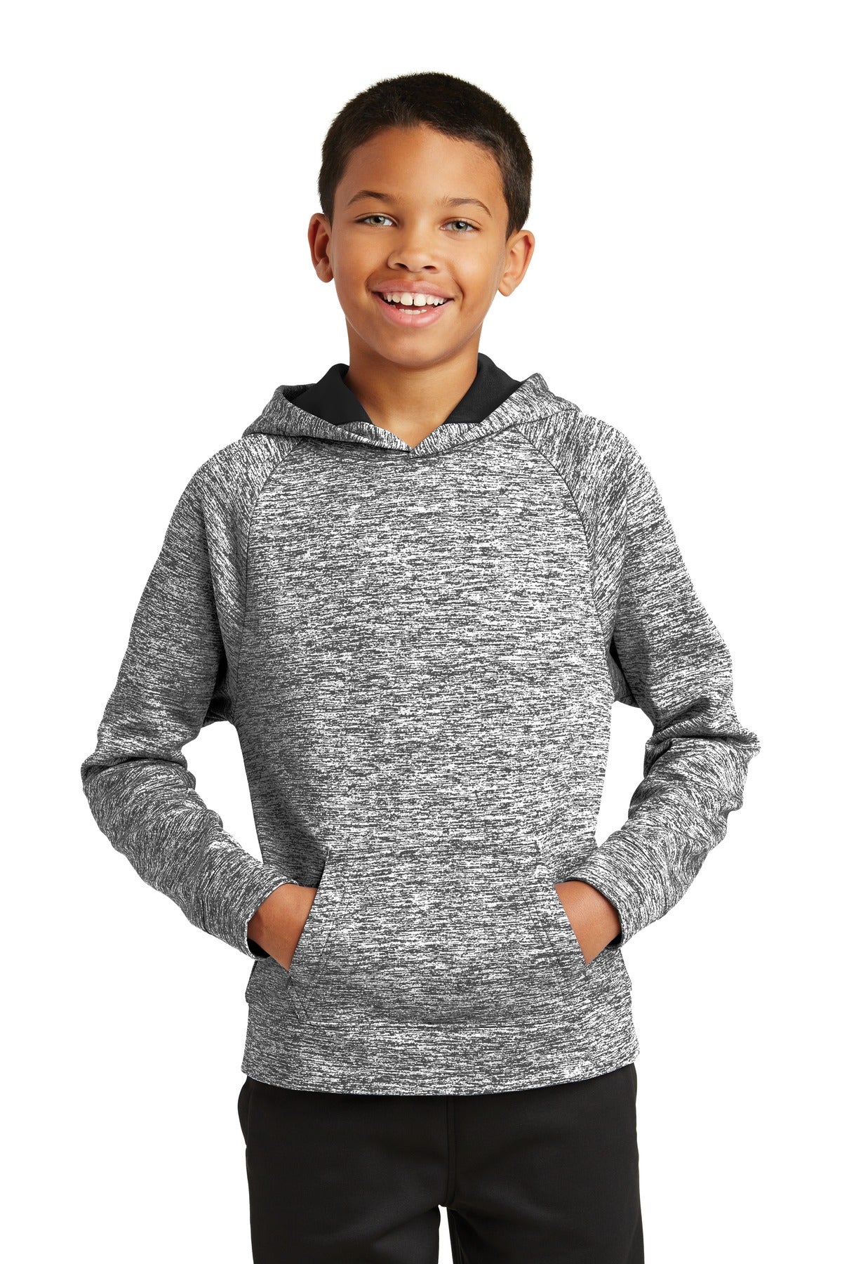Front View of Black Electric Sport-Tek Youth PosiCharge Electric Heather Fleece Hooded Pullover. YST225  - XS