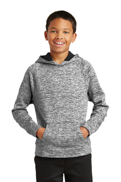 Front View of Black Electric Sport-Tek Youth PosiCharge Electric Heather Fleece Hooded Pullover. YST225  - XS