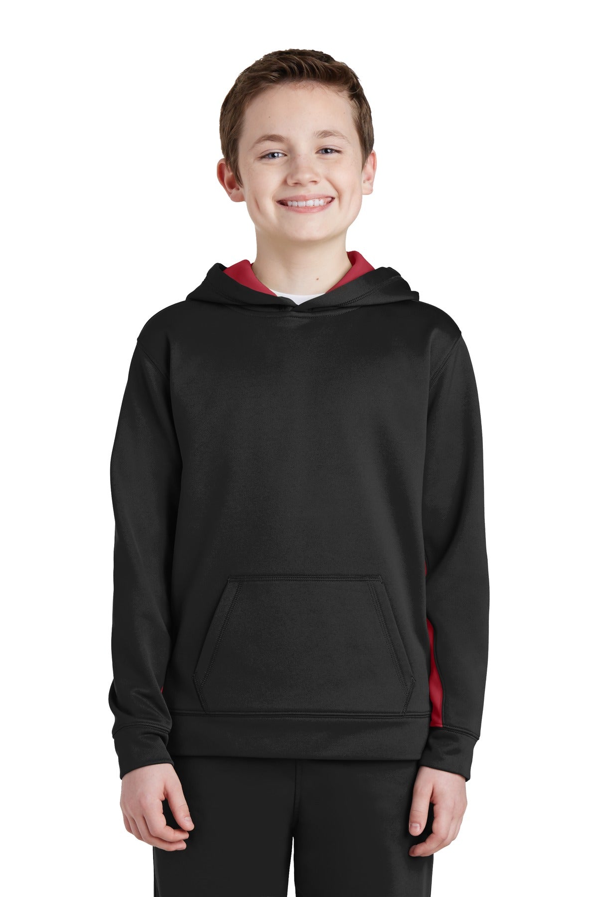 Front View of Blk/Deep Red Sport-Tek Youth Sport-Wick Fleece Colorblock Hooded Pullover. YST235  - XS