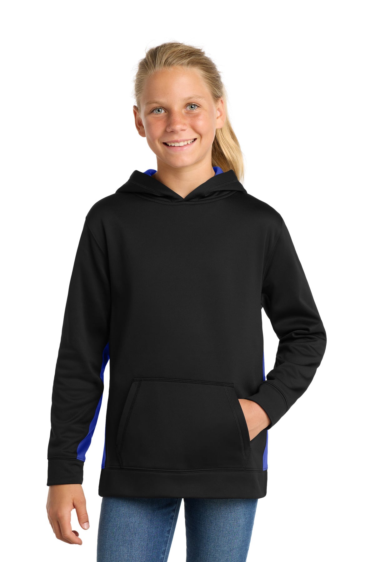 SanMar YST235_blacktrueroyal_model_front.jpg