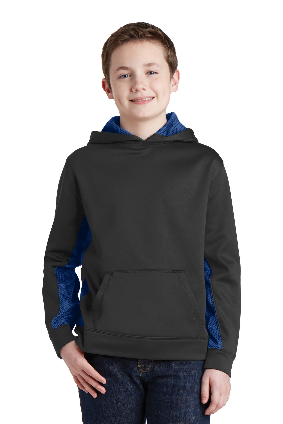 Sport-Tek Youth Sport-Wick CamoHex Fleece Colorblock Hooded Pullover. YST239